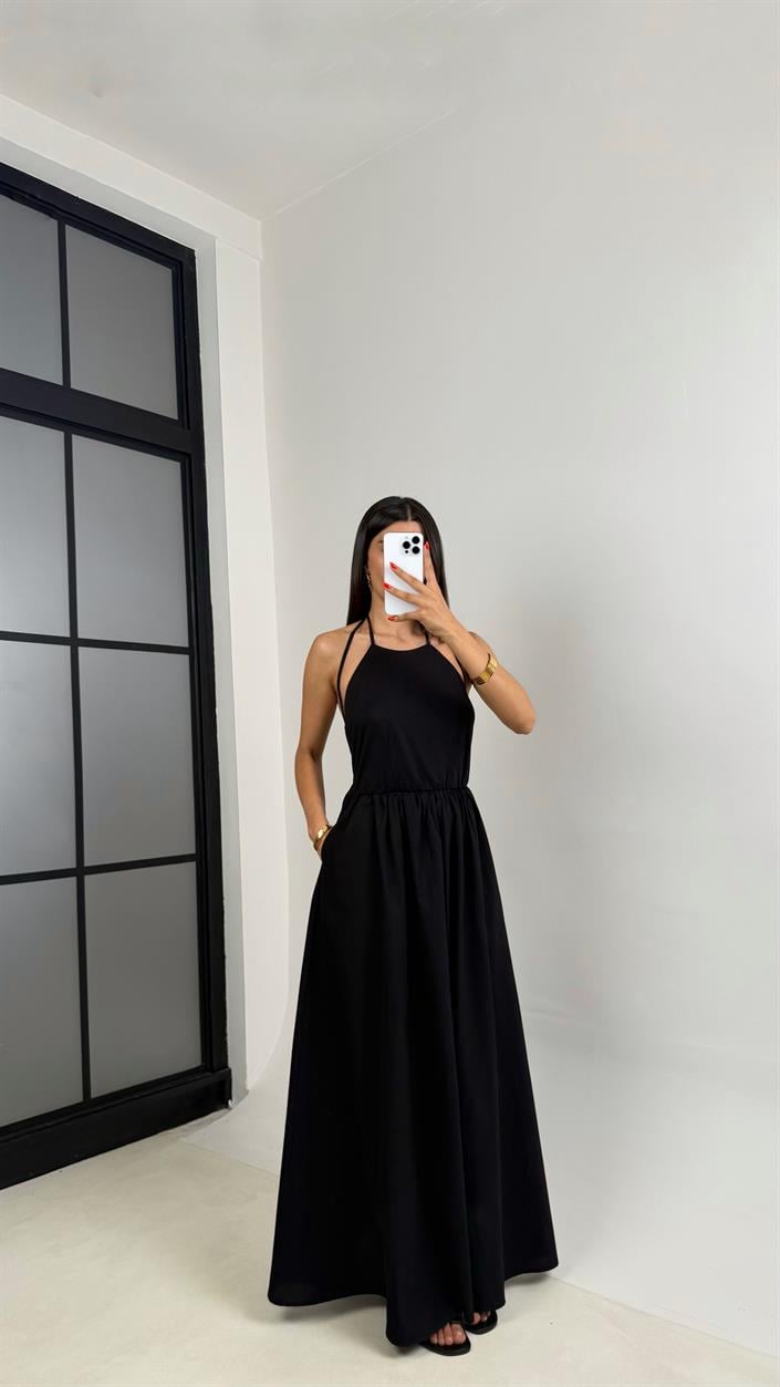 Siyah Ayarlanabilir Askılı Sırt Dekolteli Poplin Elbise GAUS-0017
