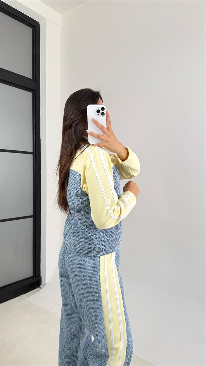 Sarı Şeritli Denim Detaylı Ceket Beli Lastikli Pantolon İkili Takım GAUS-00113