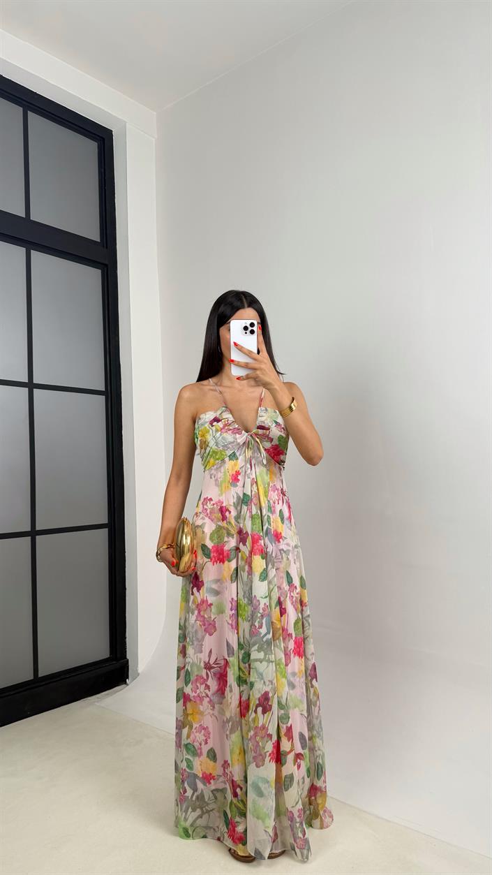 Pembe Çiçek Desenli Ayarlanabilir Askılı Astarlı Şifon Elbise GAUS-0026