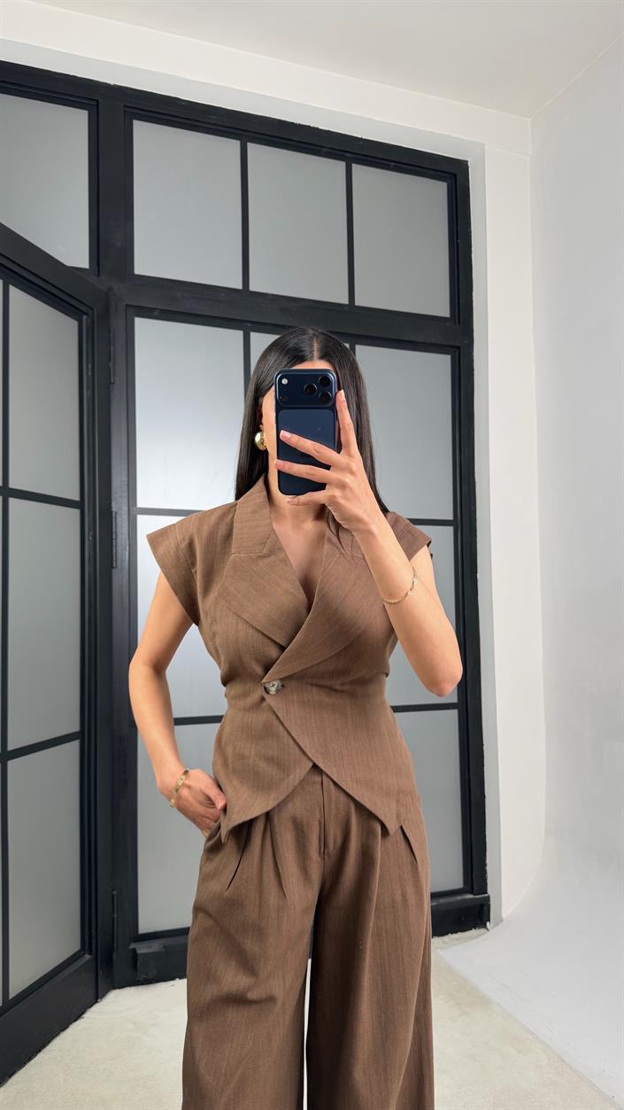 Kahve Kuşaklı Yelek Pantolon İkili Keten Takım GAUS-01447