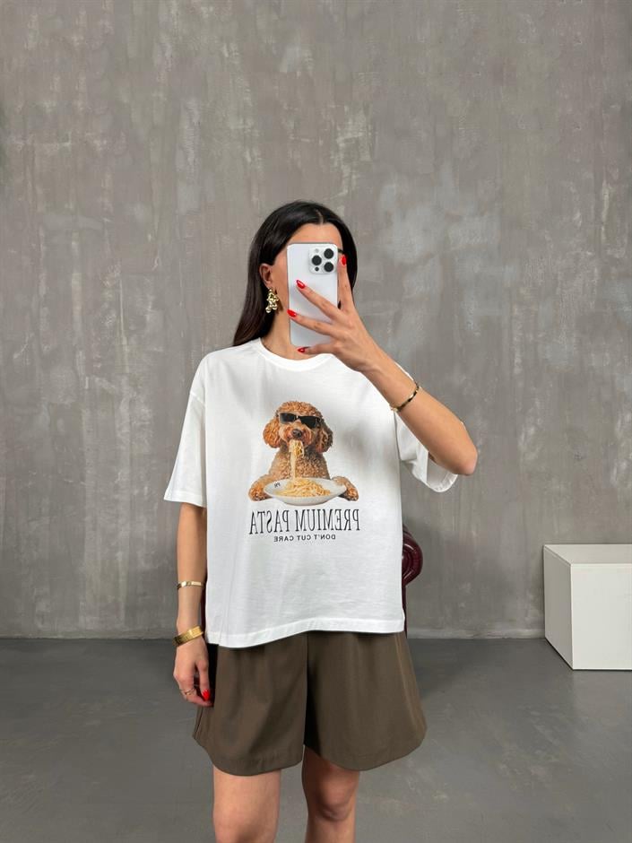 Krem Poodle Baskılı Bisiklet Yaka Tshirt Gaus00177