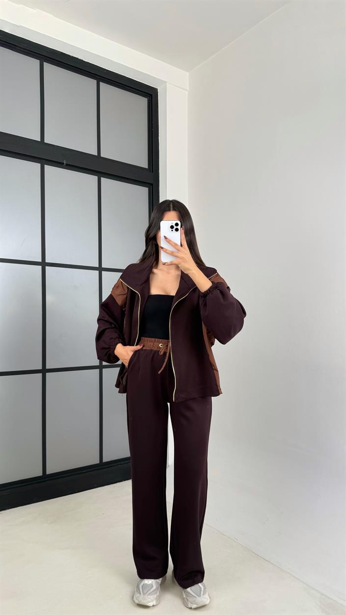 Kahve Paraşüt Kumaş Detaylı Hırka Pantolon İkili Modal Kumaş Takım GAUS-00209