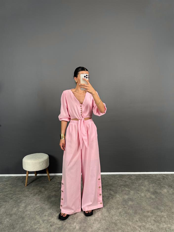 Maila Pembe Keten Crop İkili Takım
