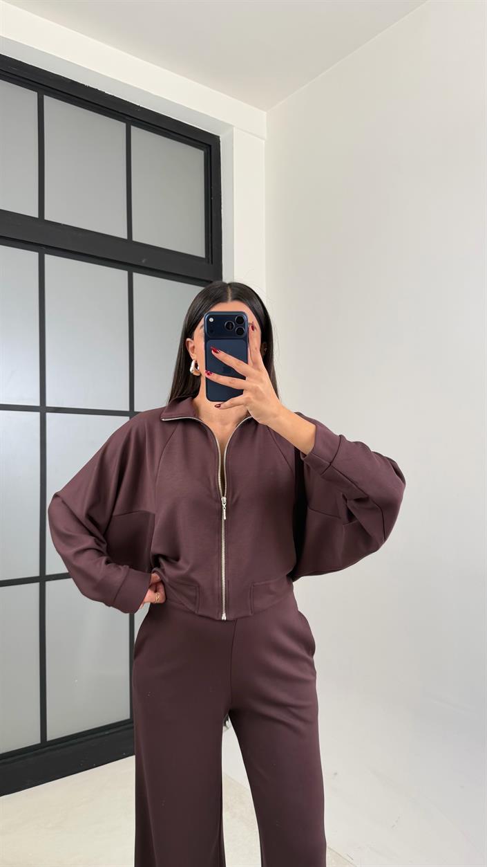 Acı Kahve Fermuarlı Hırka Beli Lastikli Pantolon Modal Takım GAUS-00665
