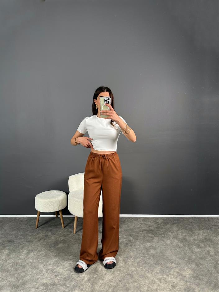 Nia Kahverengi Keten Beli Lastikli Pantolon