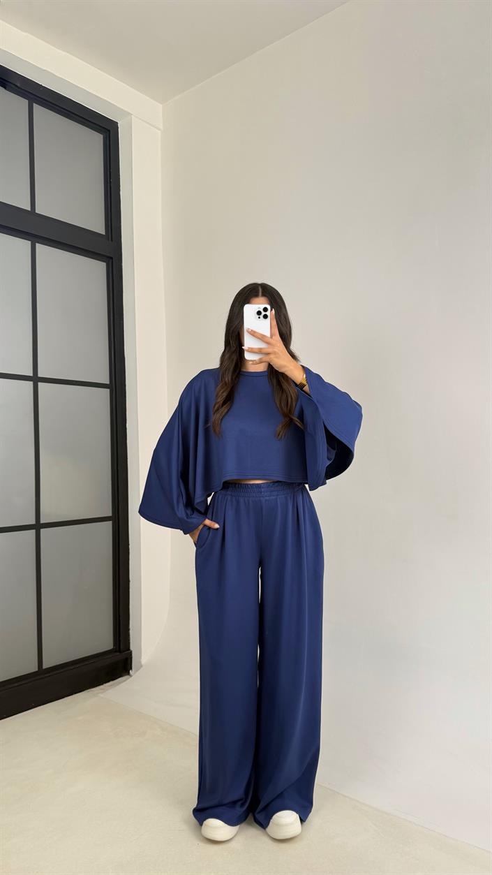 Lacivert Yarasa Kol Crop Beli Lastikli Pantolon OYS Muadil Modal Takım GAUS-0080