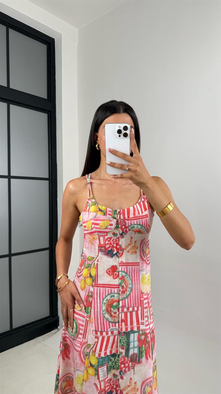 Pembe Desenli Önü Düğmeli Sırt Dekolteli Pinterest Keten Elbise Gaus00673