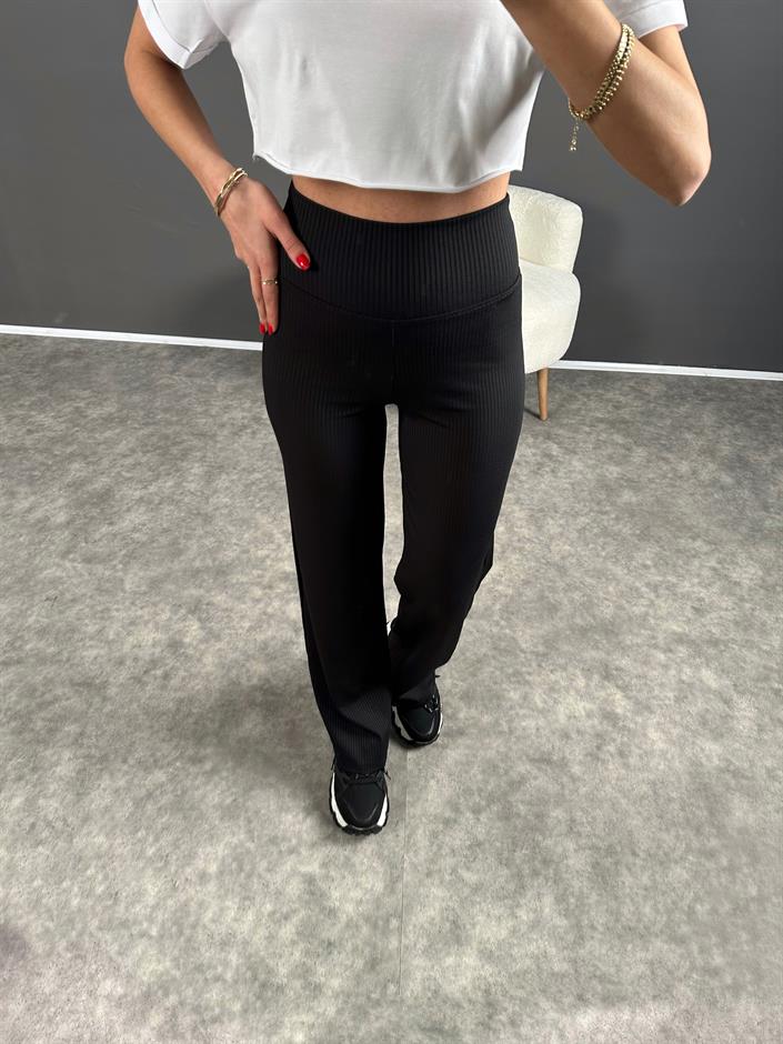 Oysh Baskılı Siyah Fitilli Pantolon 