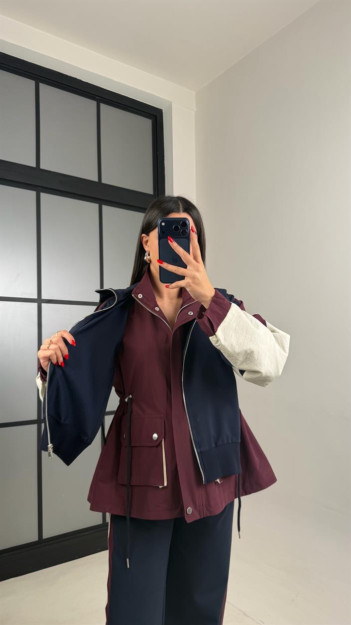 Bordo Garnili Ceket Beli Lastikli Pantolon İkili Tasarım Takım Gaus-00699 Gaus-01024