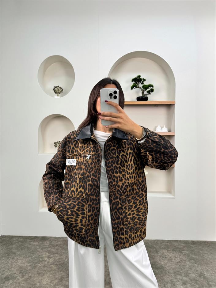 Misty Taba Leoparlı Yandan Cepli Fermuarlı Ceket