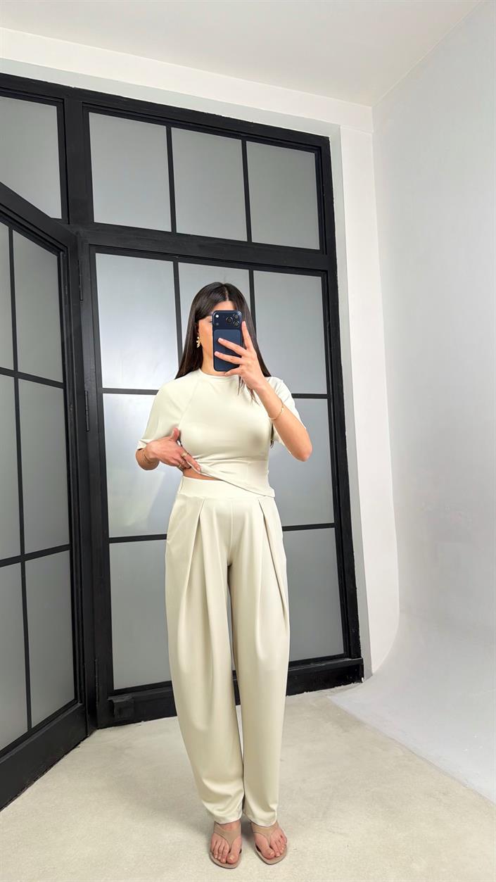 Taş Üst Beli Lastikli Pantolon Diagonel Kumaş Takım GAUS-01306