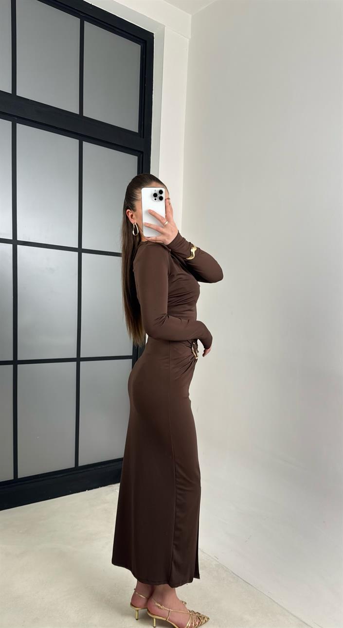 Acı Kahve Gold Toka Detaylı Yırtmaçlı Elbise GAUS-00786