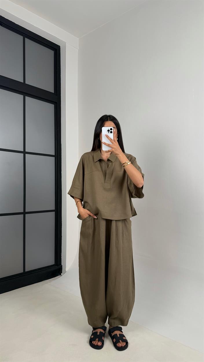 Haki Polo Yaka Yarasa Kol Bluz Şalvar Pantolon Md Muadil Premium Keten Takım Gaus00542