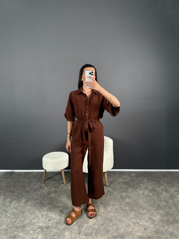 Kahverengi Müslin Kemerli Tulum