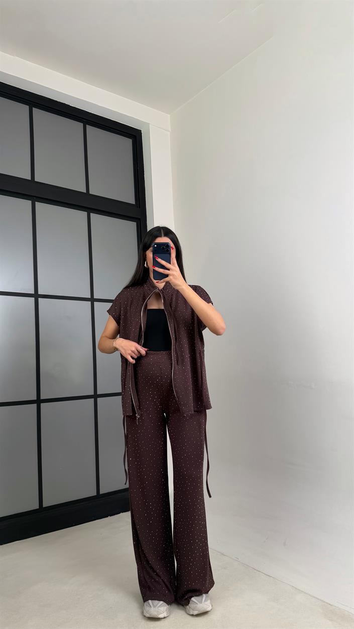 Kahve Beli Lastikli Hırka Pantolon Taşlı Modal Takım GAUS-01064