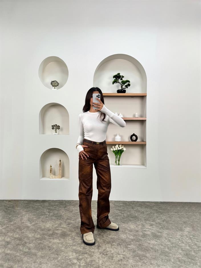 Vero Kahve Desenli Yıkama Kaplamalı Pantolon