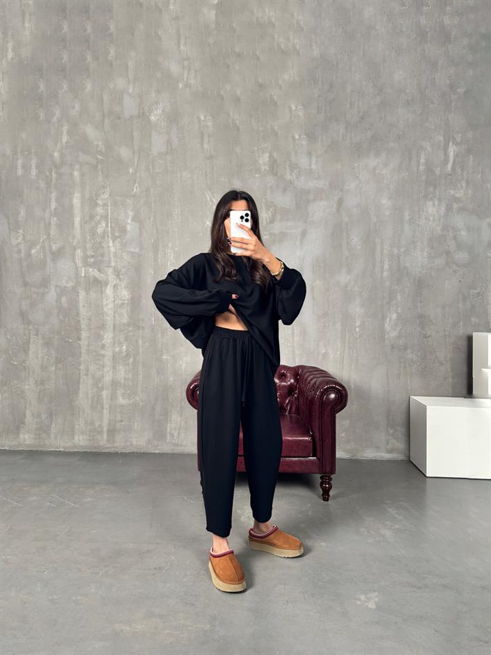 Serge Siyah Oys Kumaş Oversize İkili Takım 