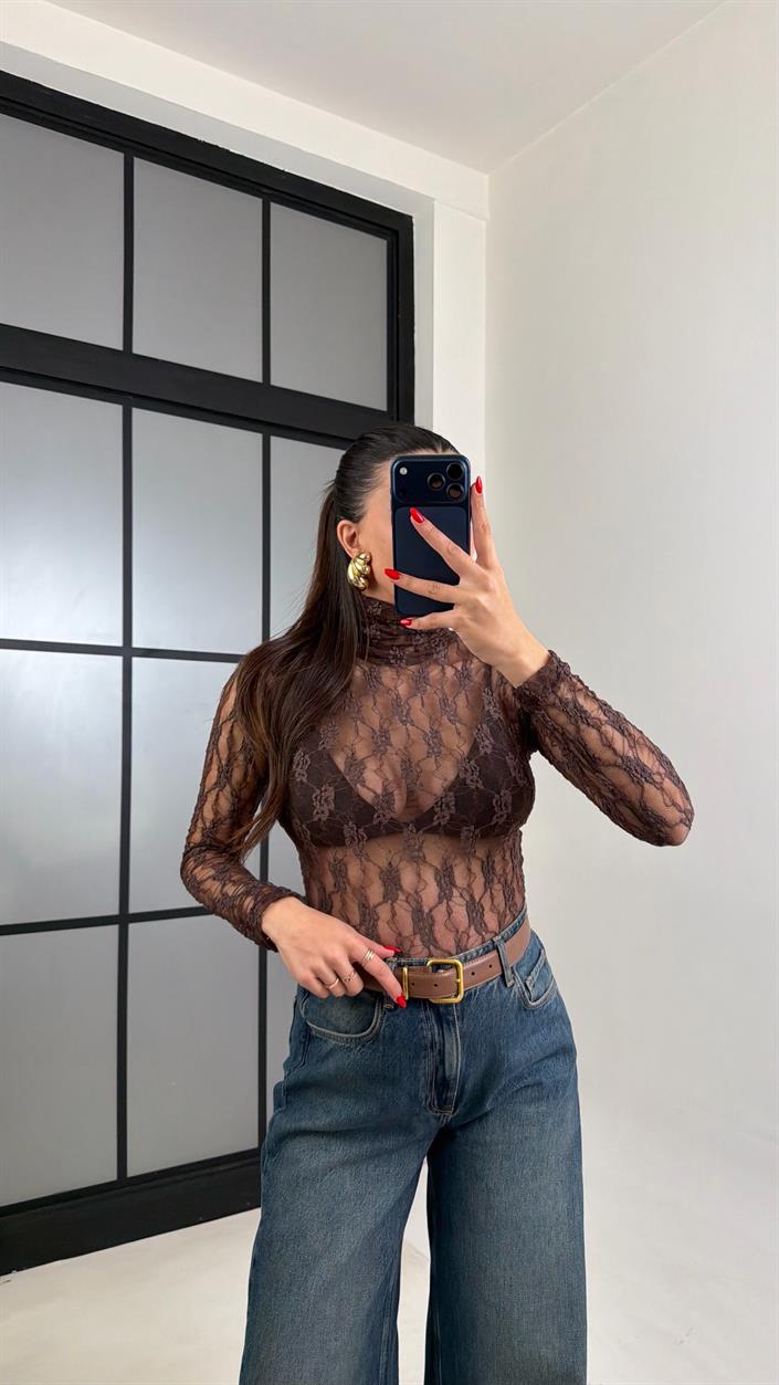 Kahve Balıkçı Yaka Dantel Bluz GAUS-00932