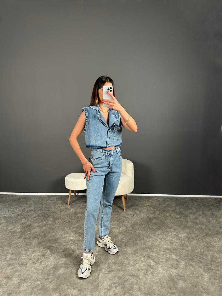 Amio Mavi Yelekli Denim Takım 