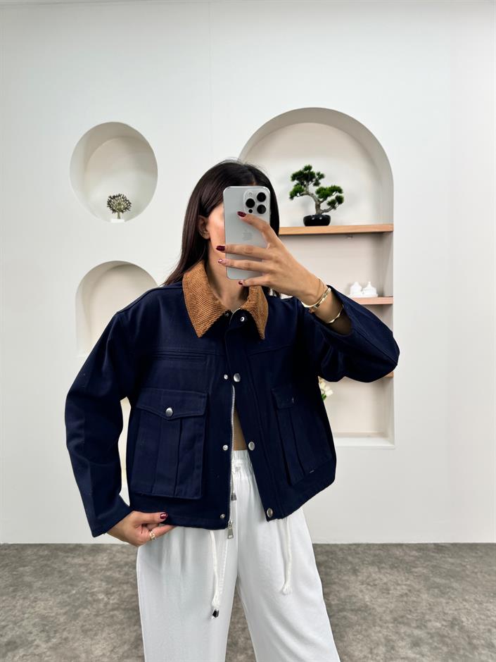 Nige Lacivert ZR Model Kadife Yakalı Gabardin Cepli Ceket