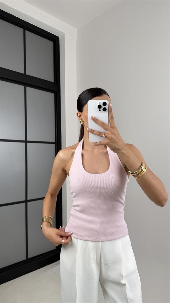 Pembe Boyundan Askılı Triko Crop Gaus00592