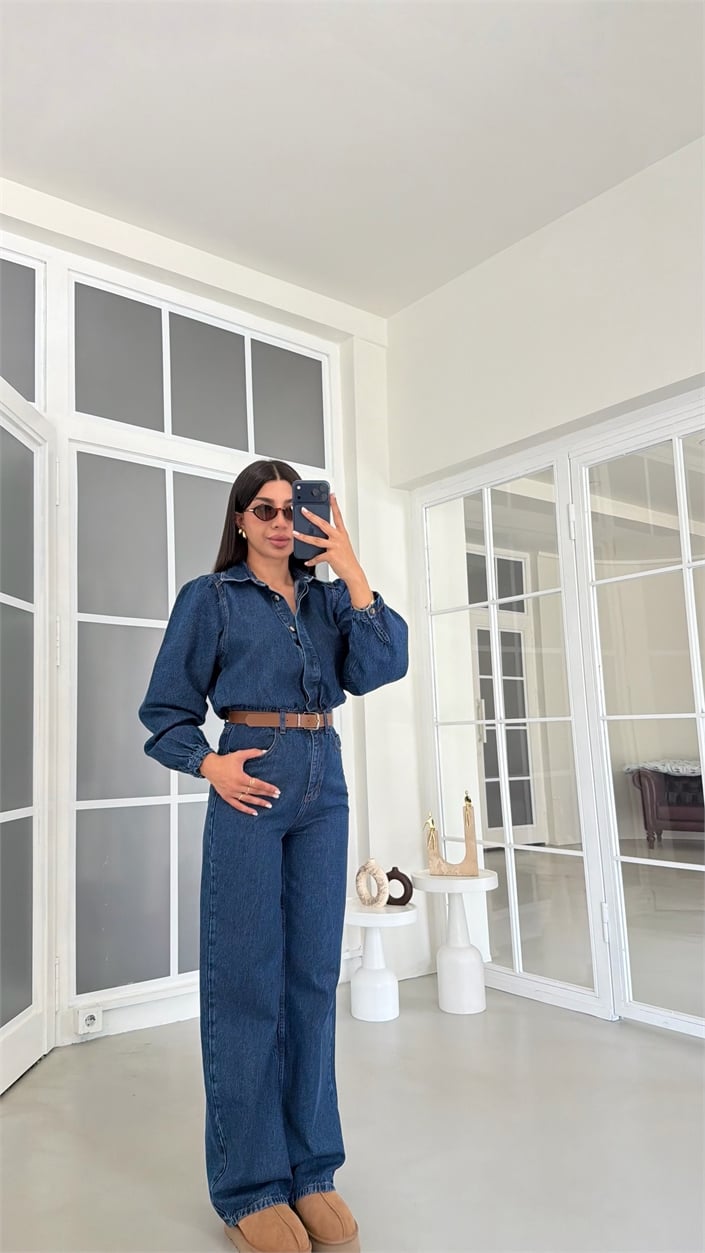 Koyu Mavi Kemerli Premium Denim Tulum GAUS-02123