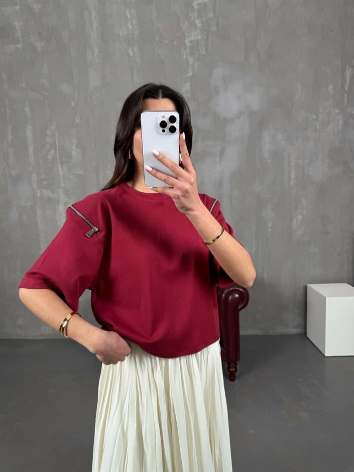 Ace Bordo MD Muadil Kol Fermuar Detaylı Tshirt