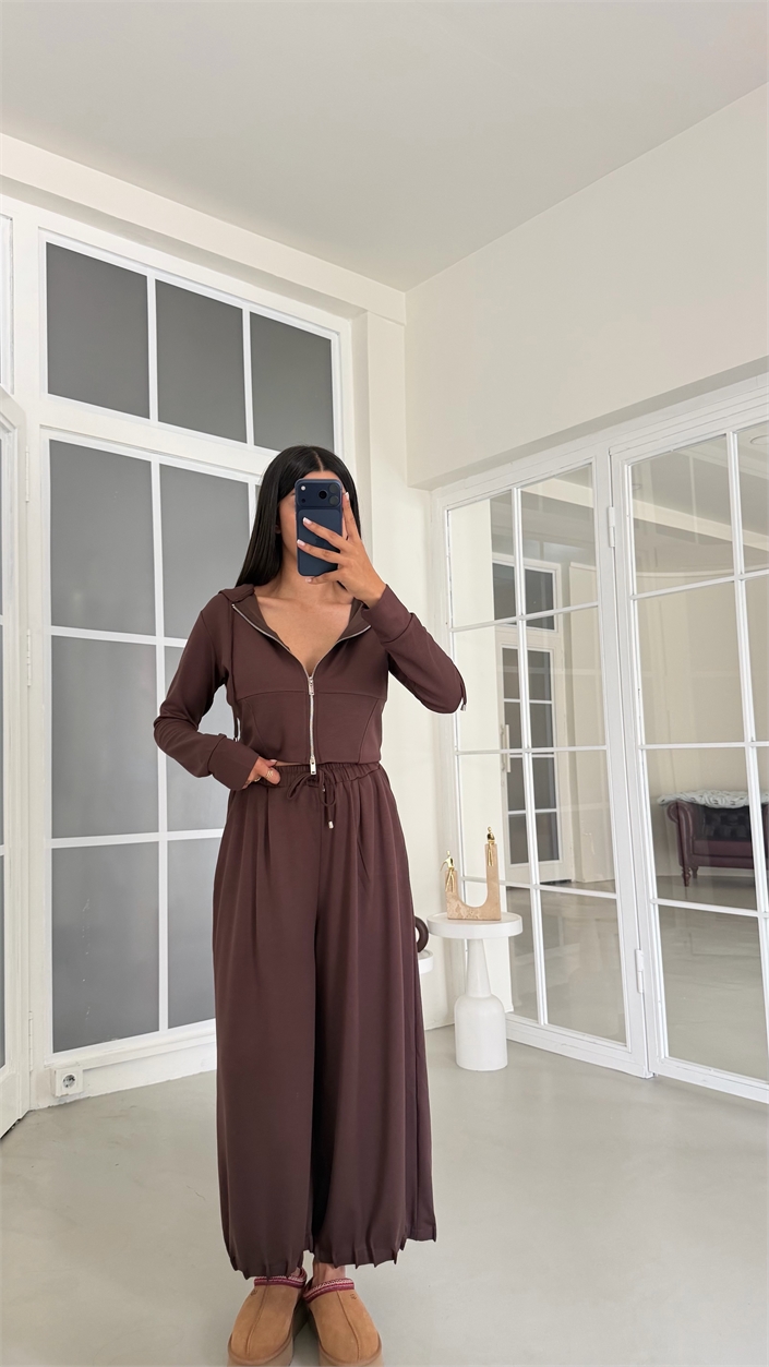 Kahve Kapüşonlu Hırka Beli Lastikli Geniş Paça Pantolon İkili OYS Modal Kumaş Takım GAUS-02152