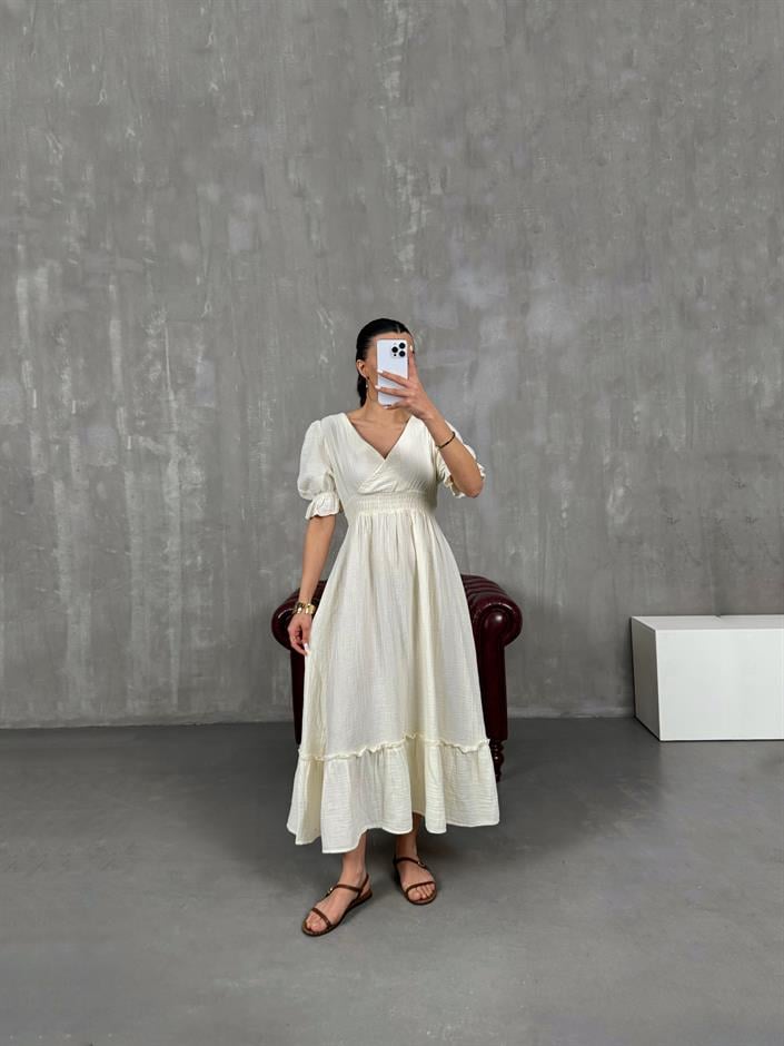 Ekru V Yaka Beli Lastikli Büzgülü Müslin Pinterest Elbise Gaus00022