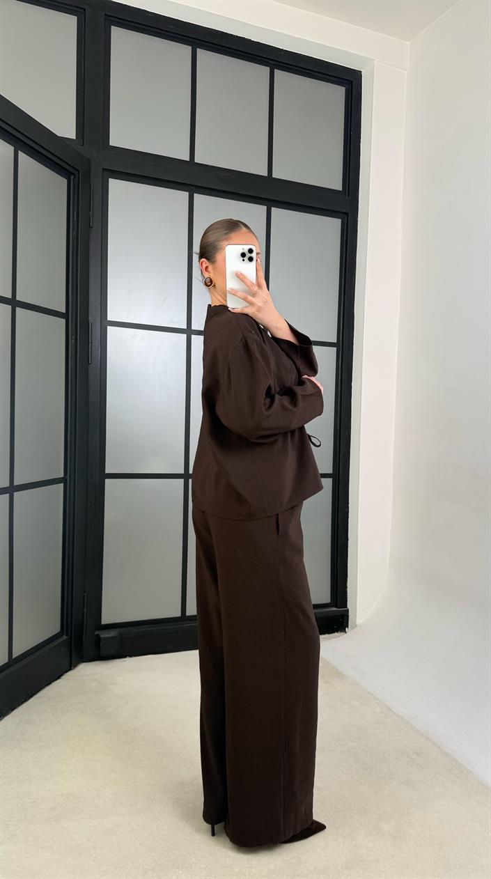 Acı Kahve Nakışlı Önden Bağlamalı Gömlek Beli Lastikli Pantolon İkili Takım GAUS-01196