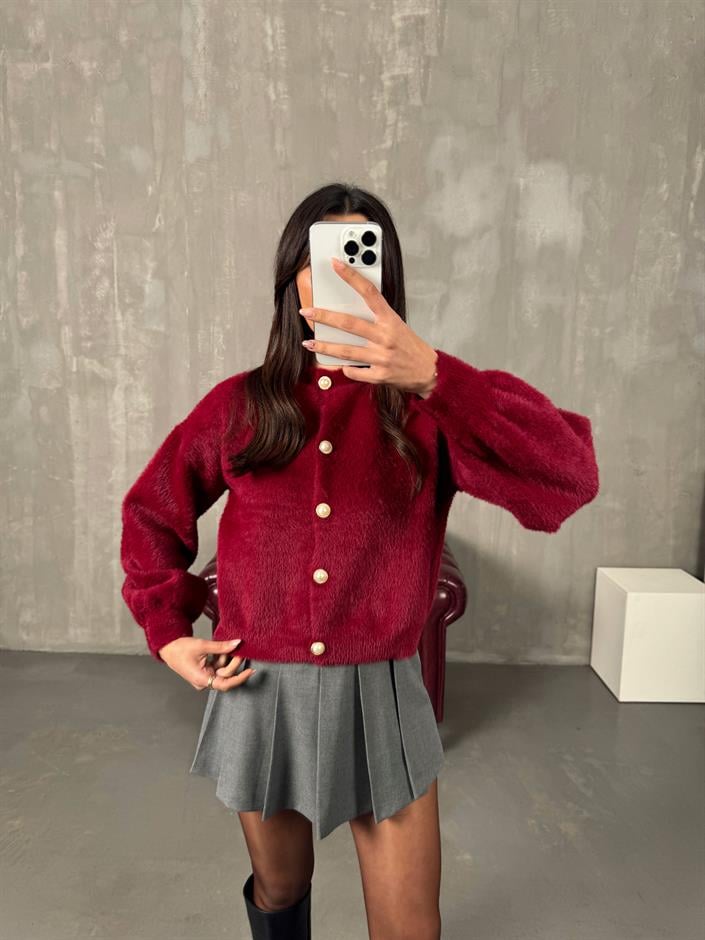 Talin Bordo İnci Düğmeli Yumuşak Triko Hırka