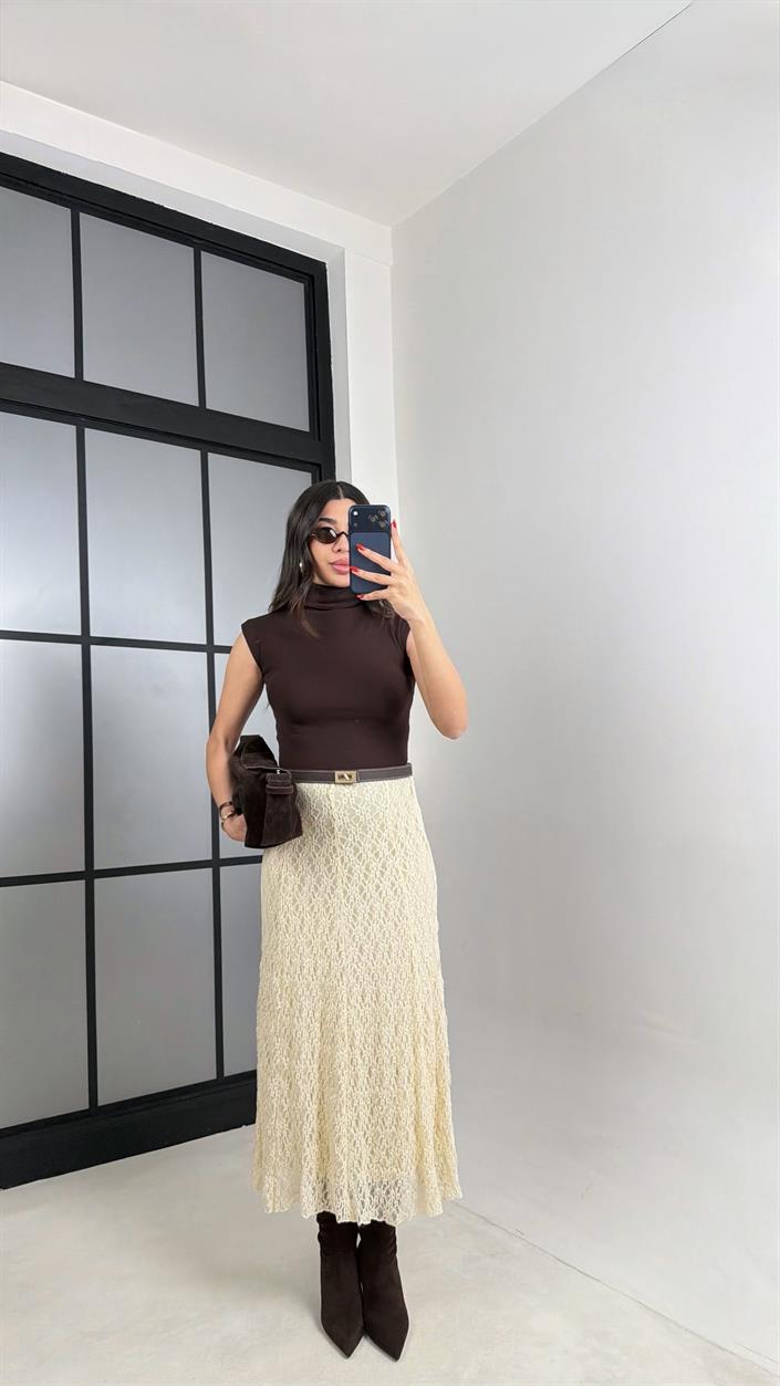 Ekru Beli Lastikli Astarlı Dantel Etek GAUS-00930