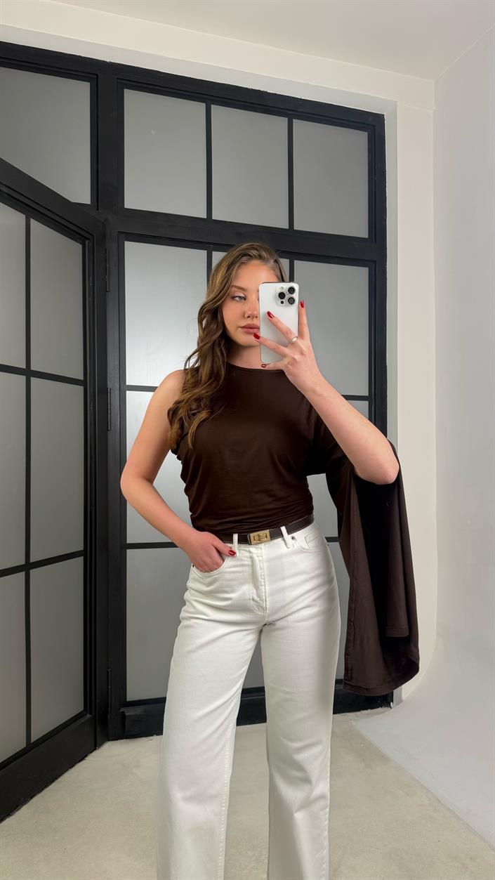 Kahve Tek Omuz Pelerin Bluz GAUS-01276