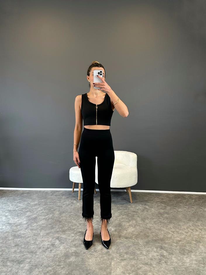 Siyah Paçası Otrişli Tayt Pantolon