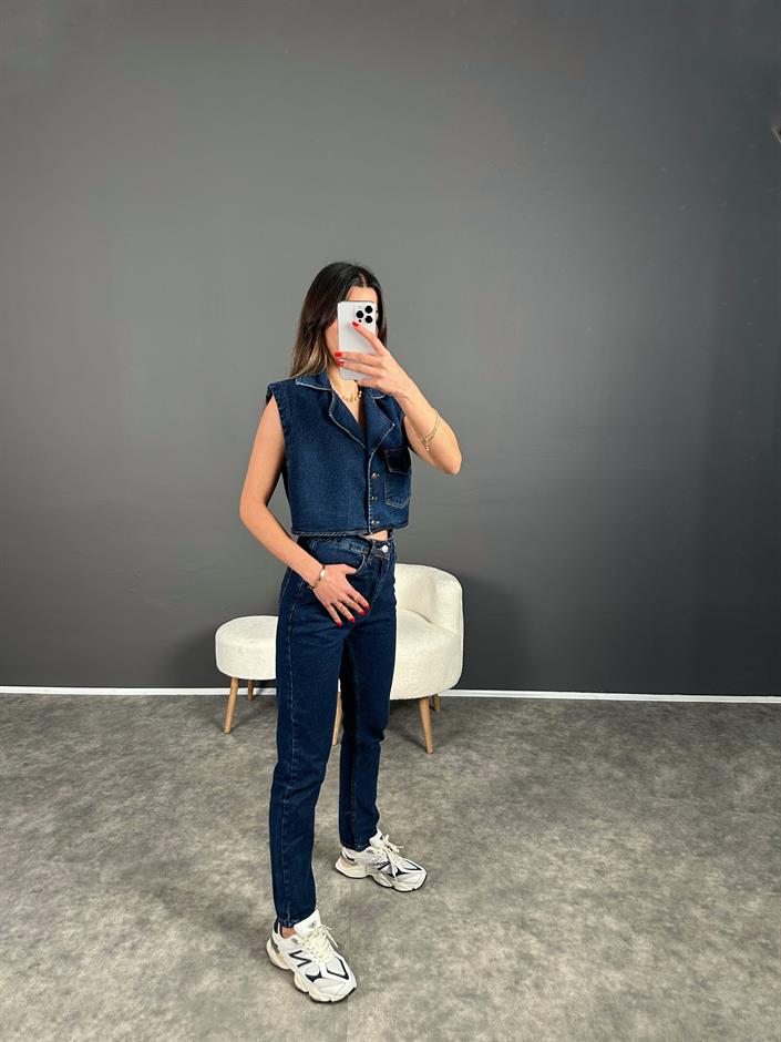 Amio Koyu Mavi Yelekli Denim Takım