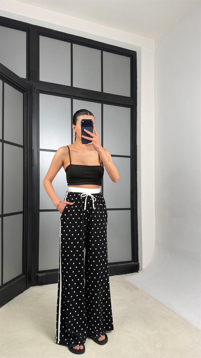Siyah Beli Lastikli Yan Şeritli Puantiyeli Pantolon GAUS-01435