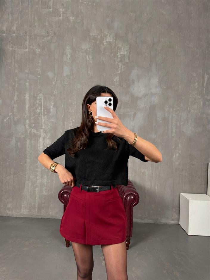 Pastel Bordo Kemerli Şort Etek