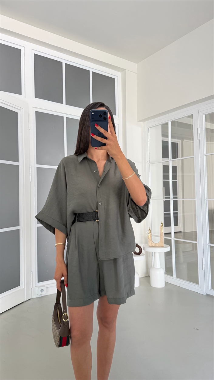 Yeşil Gömlek Hasır Kemerli Şort İkili Tencel Takım GAUS-01801