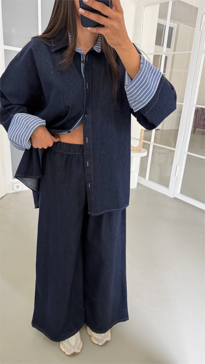 Lacivert Çizgi Detaylı Gömlek Geniş Paça Pantolon İkili Denim Takım GAUS-02041