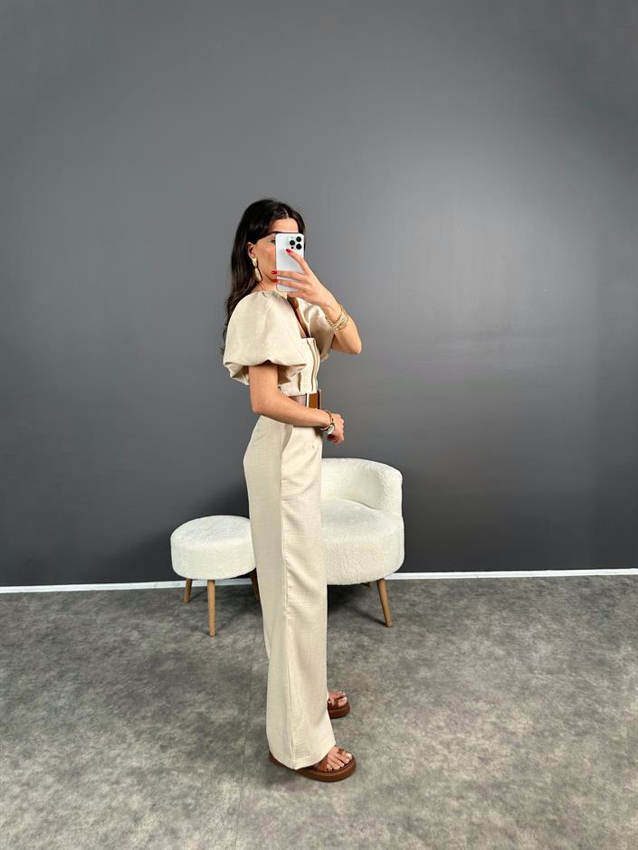 Nick Taş Keten Kemerli Balon Kol Tulum 