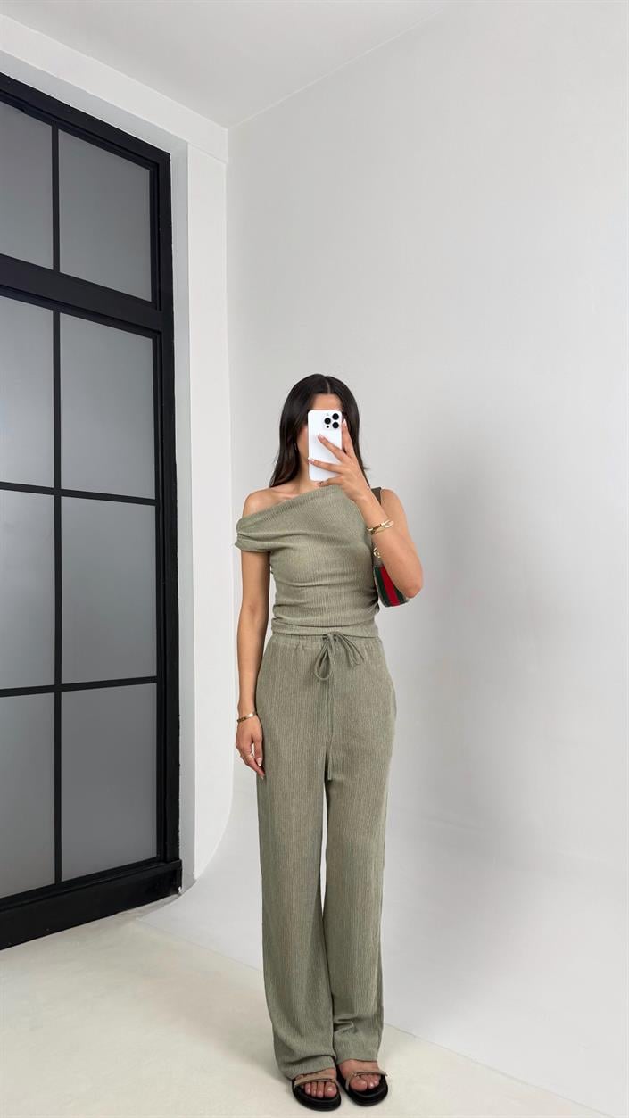 Yeşil Bluz Beli Lastikli Pantolon Bürümcük Takım Gaus00532