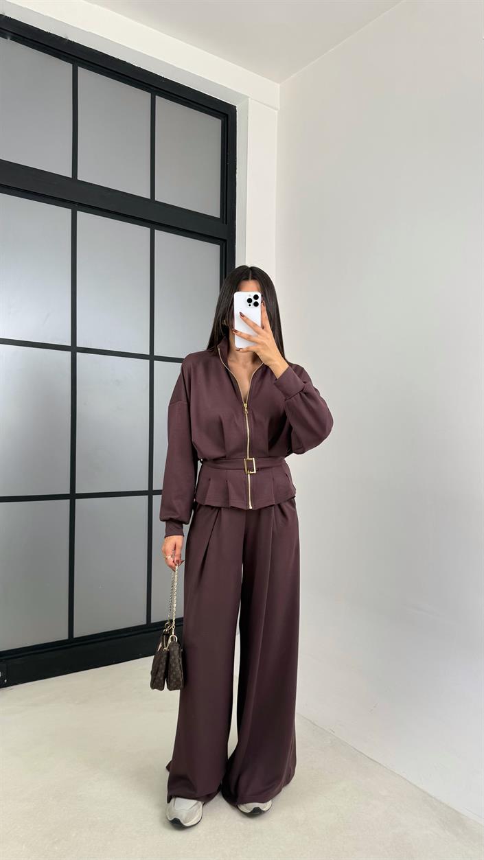 Acı Kahve Kemer Detaylı Hırka Beli Lastikli Geniş Paça Pantolon Modal Takım GAUS-00188