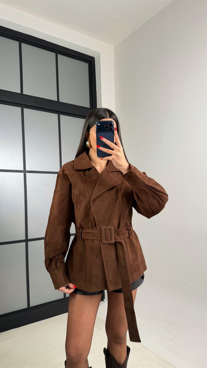 Acı Kahve Kemerli Astarlı Süet Ceket GAUS-01010