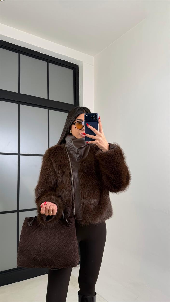 Kahve Astarlı Deri Detaylı Kürk Ceket GAUS-01017