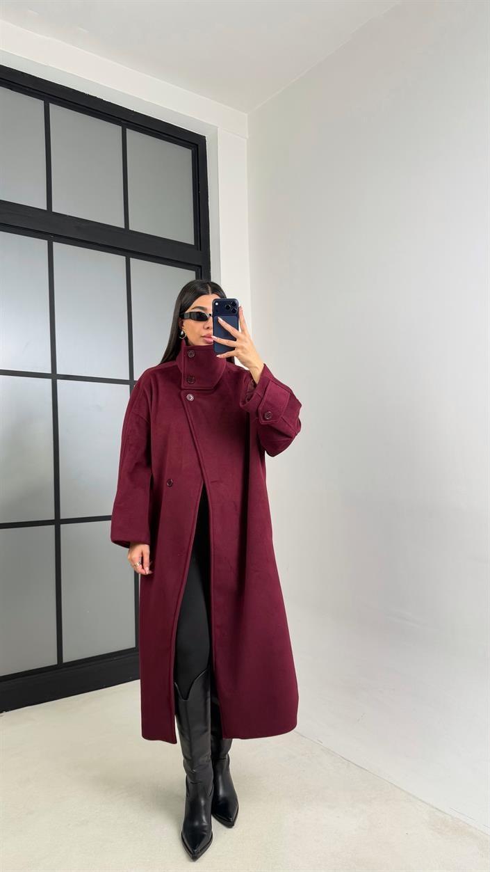 Mürdüm Dik Yaka Astarlı Kaban GAUS-00846