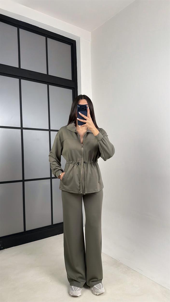 Haki Beli Büzgülü Hırka Pantolon İkili Modal Takım GAUS-00571