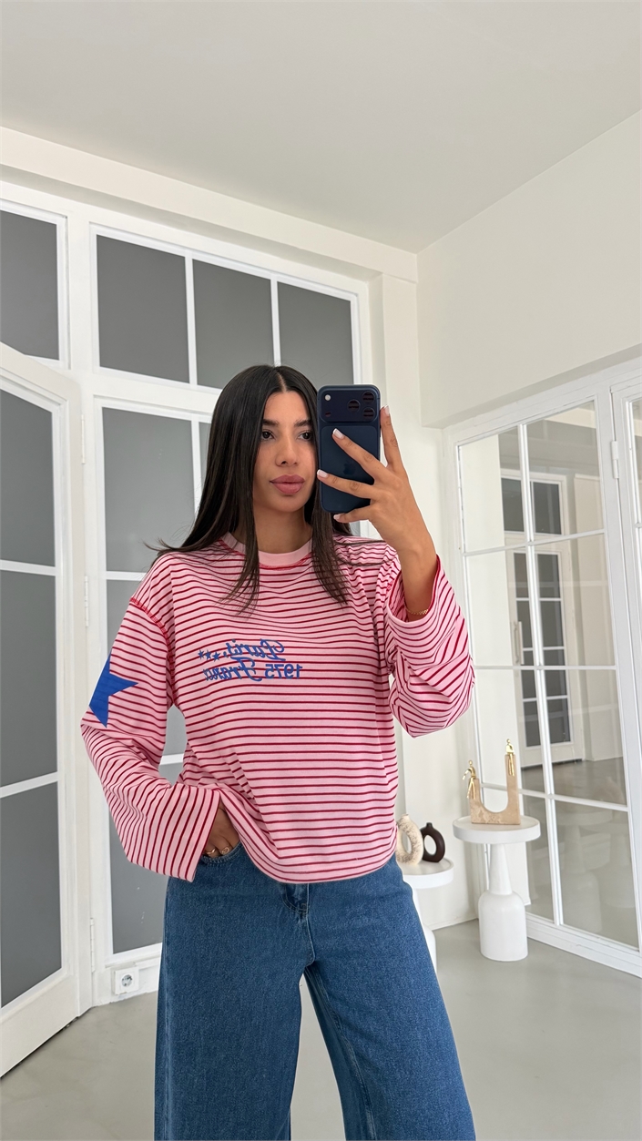 Pembe Çizgili Vintage Sweatshirt GAUS-02121