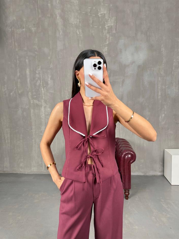 Rune Bordo Bağlamalı Keten Yelek Pantolon Takım