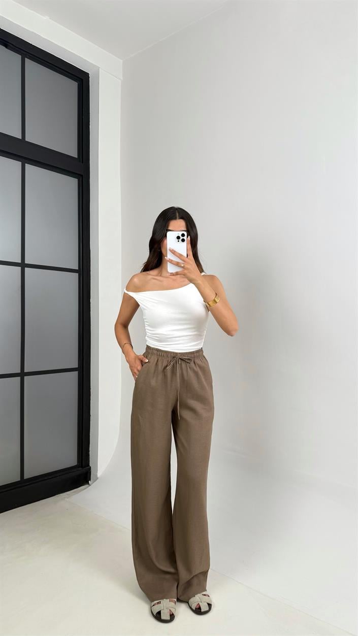 Kahve Beli Lastikli Muadil Keten Pantolon Gaus00623