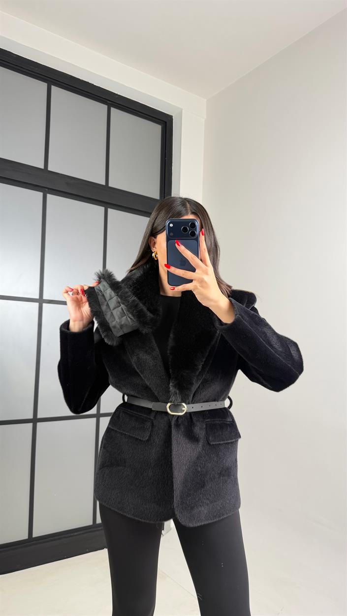 Siyah Astarlı Kemerli Premium Kürk Ceket GAUS-00936